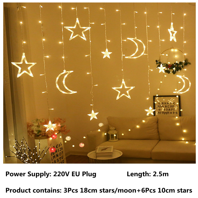 Cortina de luces LED con forma de luna y estrella para decoración, guirnalda de 3,5 M para Navidad, festividades, Año , cortina en la ventana: 220V EU Plug Warm
