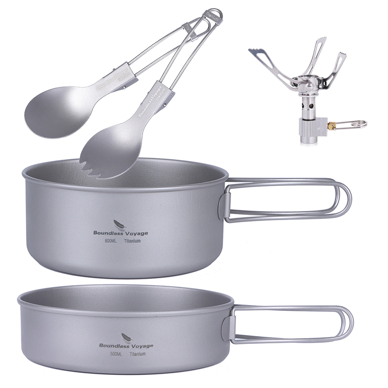 5 stücke Titan Picknick Geschirr Bausatz draussen Camping Picknick Titan Topf Pfanne Löffel Spork einstellen Herde Ultraleicht Kochen einstellen: Ursprünglich Titel