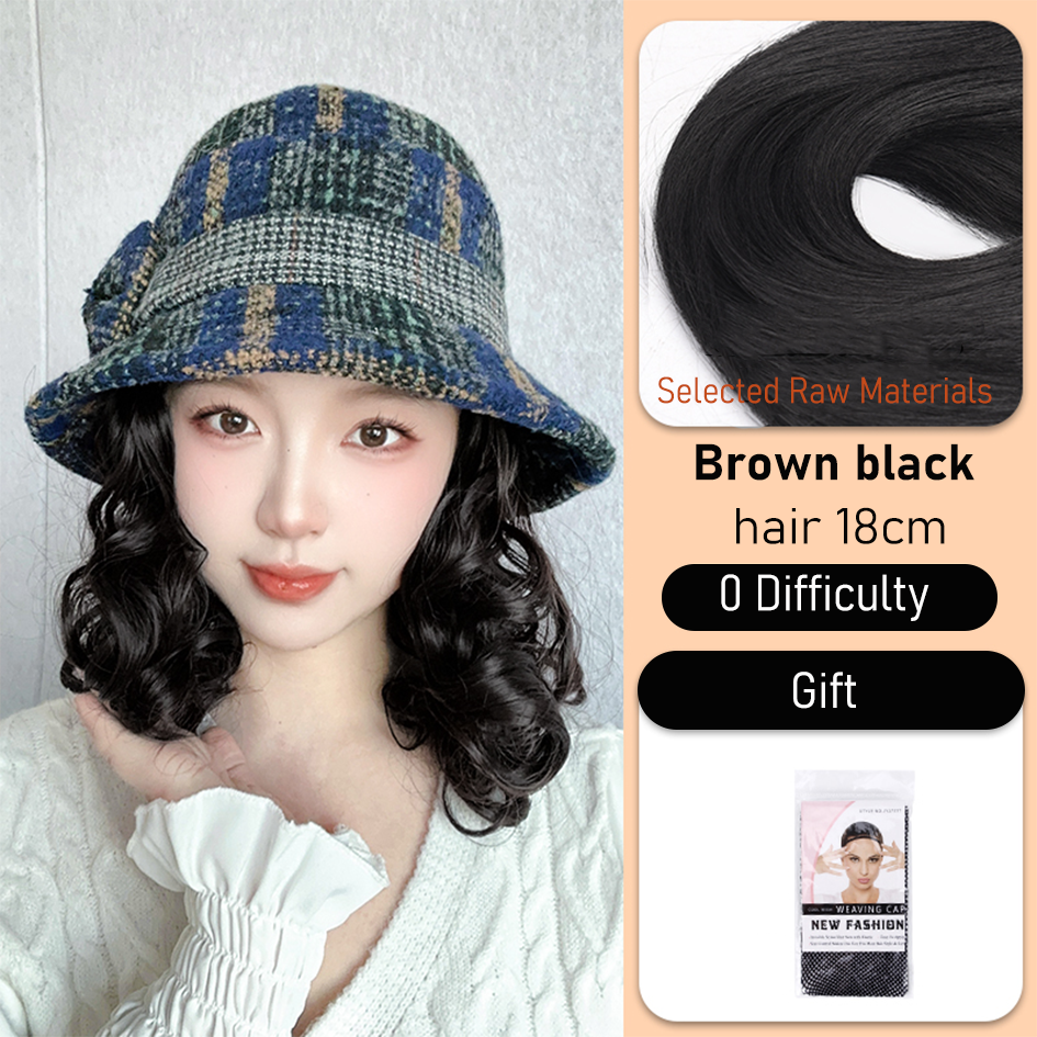 Synthetic 6inch plaid fisherman hat short curly hair wig brown princess curly roo cold warm horse roll Christmas: 1B/30HL