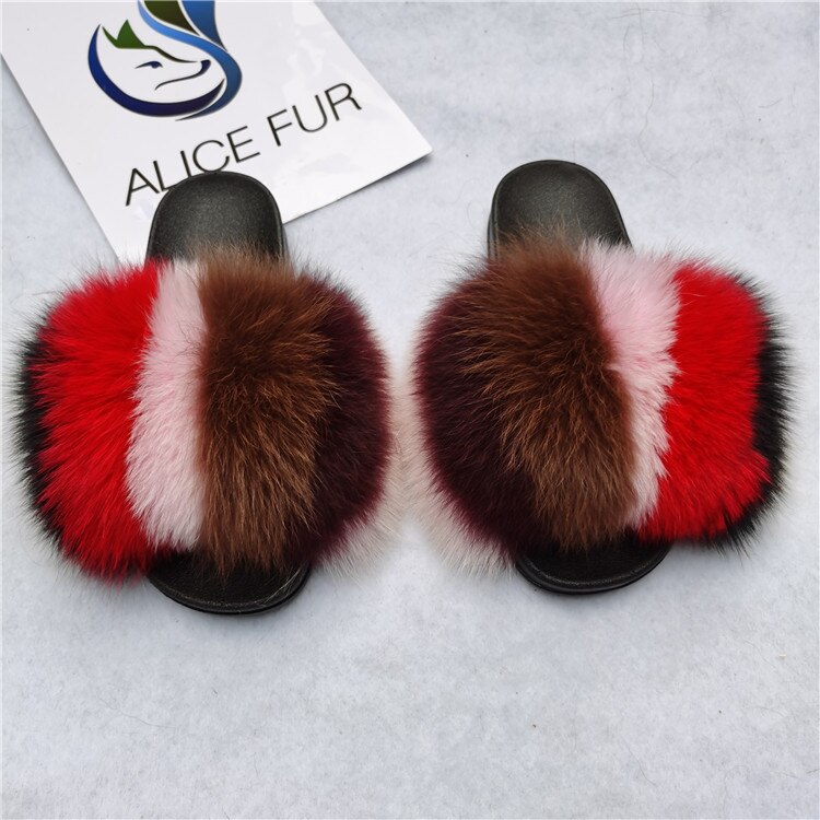 Factory Supply Handgemaakte Bont Slides Wasbeer Vos Glijbaan Vendor Custom Logo Pluizige Echt Slipper