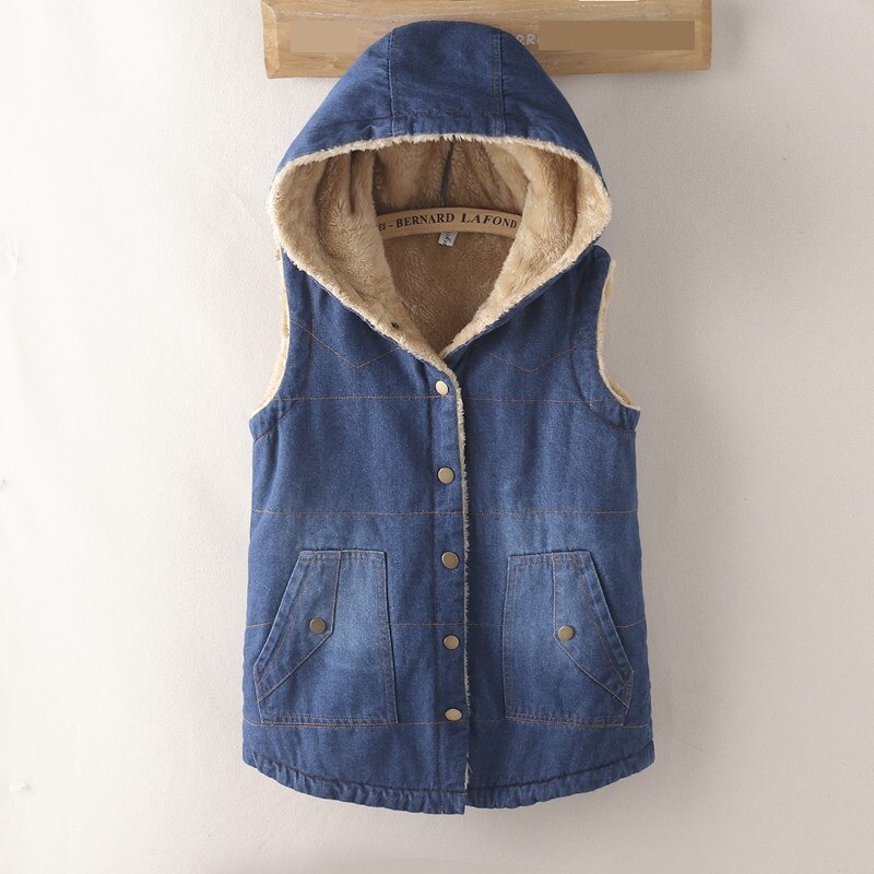 Uhytgf ermeløs høst vinter denim vest kvinner pluss fløyel tykk lamme kashmir varm vest vest løs korte jeans vester 1514: L