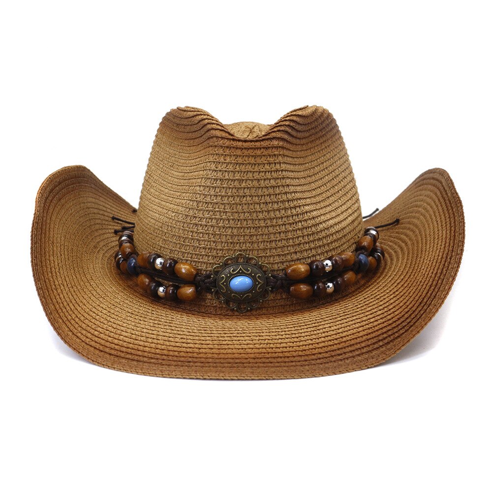 Handmade Straw Summer Western Cowboy Hat Women Men False Gem Decoration Panama Beach Cowgirl Hat 56-58CM: 2