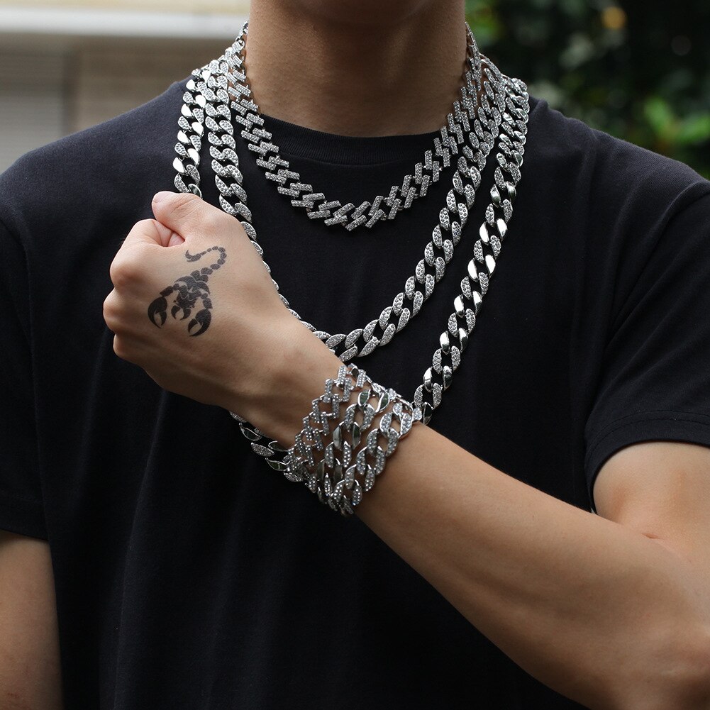 Hip hop masculino delicado selvagem cubana corrente ouro prata jóias 15mm miami diamante colar pulseira conjunto zircon cubo de gelo cúbico presente