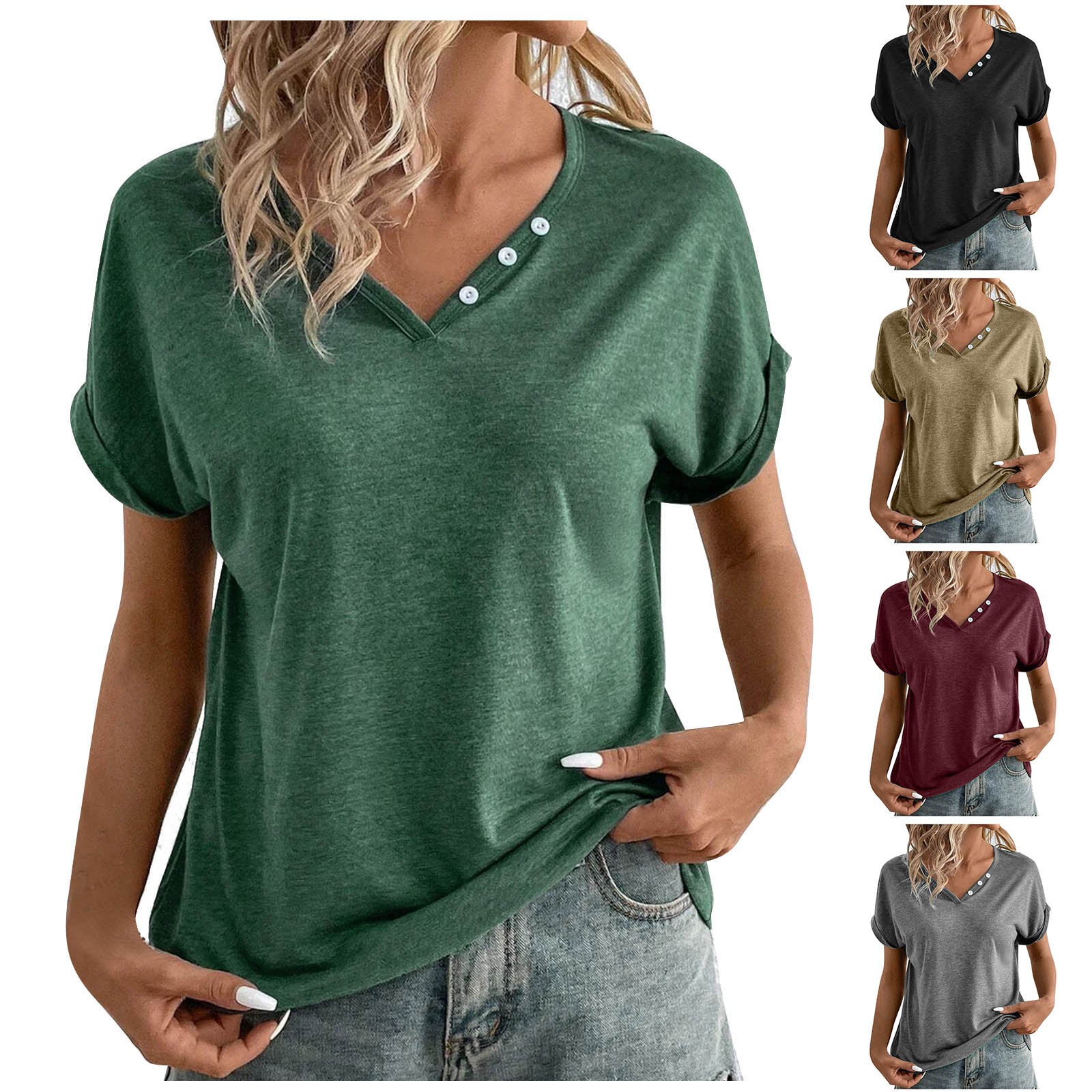 Solid T-shirt Women's Lovely Female Tops Tee Colorful V-neck Short-sleeve Y2k Clothes 2024 Womens Oversize T Shirt