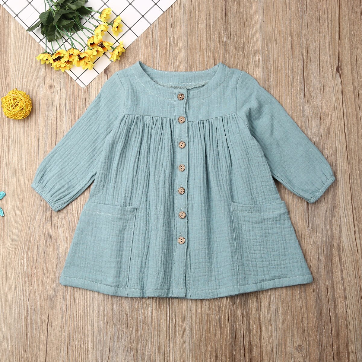Casual Capretti Del Bambino Della Ragazza Abito Semplice di Cotone di Tela Solido A-Line Bottoni Tasche del Vestito A Maniche Lunghe Ragazze del Vestito di Autunno Vestiti 1-6Y: green / 12m