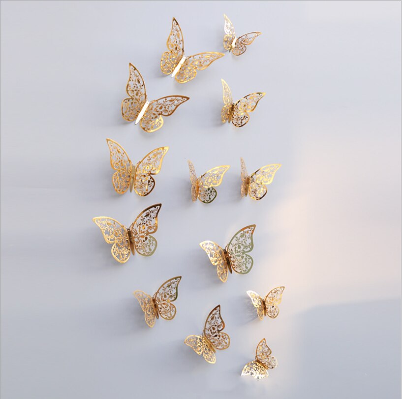 12 Pcs/Set 3D Wall Mirror Stickers Hollow Butterfly for Kids Rooms Home Wall Decor DIY Decals Fridge Stickers Room Decoration: Champagne gold C