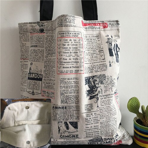Bolso grande de hombro para compras YILE, algodón, lino, Eco Market, estampado de ilustración, periódico 8417d: lining magnetic snap