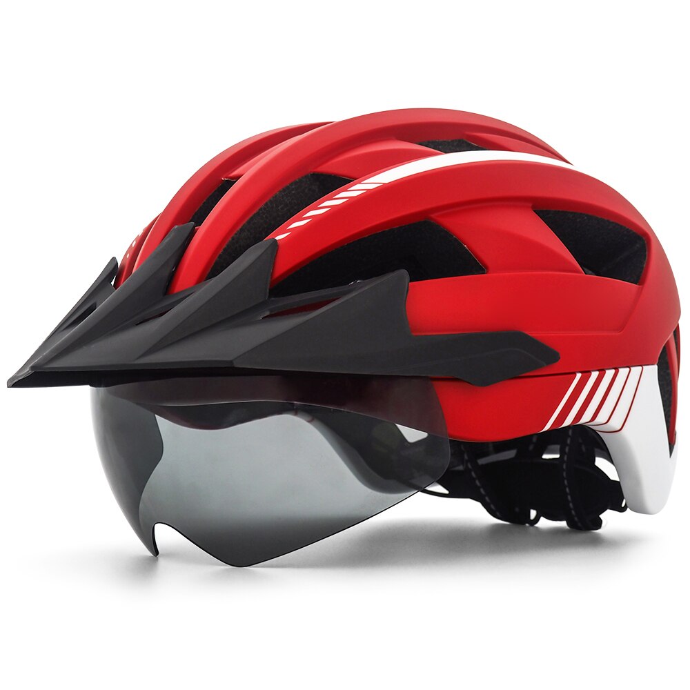 MTB Cycling Helmet XC Off-road Road Mountain Bike Bicycle Helmets With Sun Visor and Goggles for Men women Cycling sports helmet: Red white