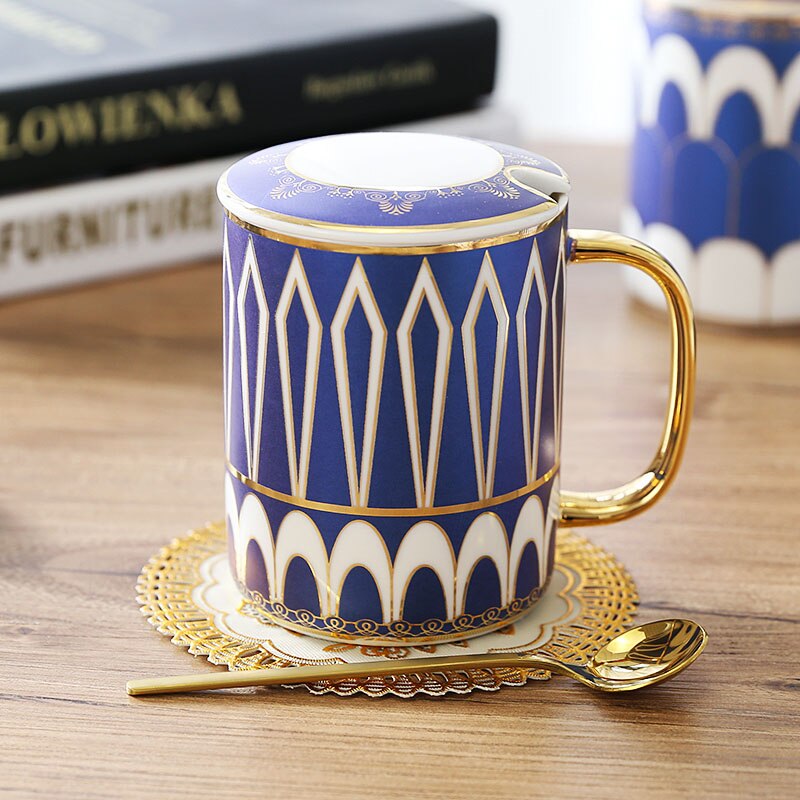 8 models Europe coffee mug Geometric Gold Line China Bone Milk Tea Cup Cover spoon travel mug Water cup 350ml: M02