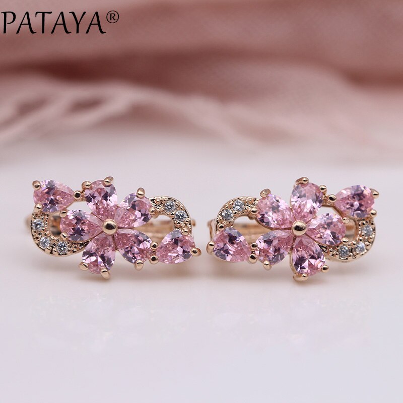 PATAYA Water Pruimenbloesem Dangle Oorbellen Vrouwen Mode Trendy Sieraden 585 Rose Goud Bloemblaadje Natuurlijke Zirkoon Blauw Oorbellen: Pink