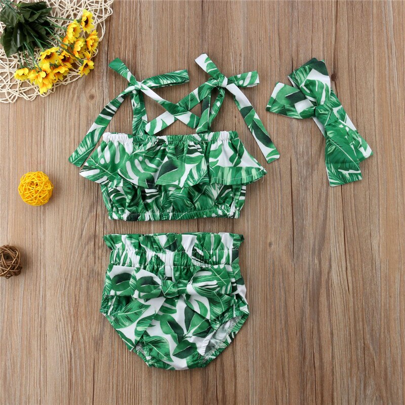 3 stuks peuter- en babymeisjesbadpak, badpak met bloemenbandjes, crop tops, shorts, hoofdband, strandset