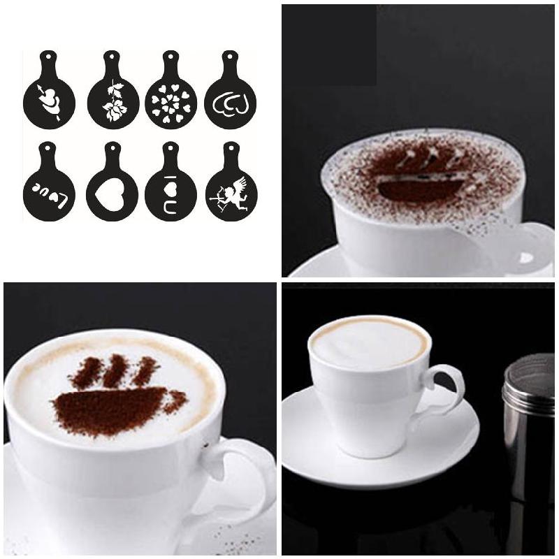 8 stks/set Koffie Melk Cake Cupcake Stencil Plastic Template Barista Fancy Cappuccino Latte Spuiten Decoratie Tool PLD