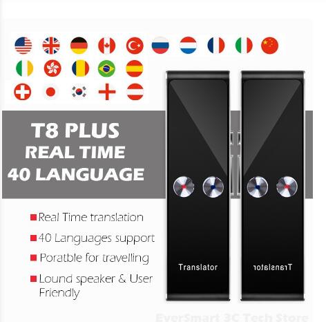 Tragbarer mehrsprachiger Sprachübersetzer, T8 + Plus AI-Übersetzer Echtzeit-Sofort-Zwei-Wege-40-Sprachen-Übersetzungsgerät