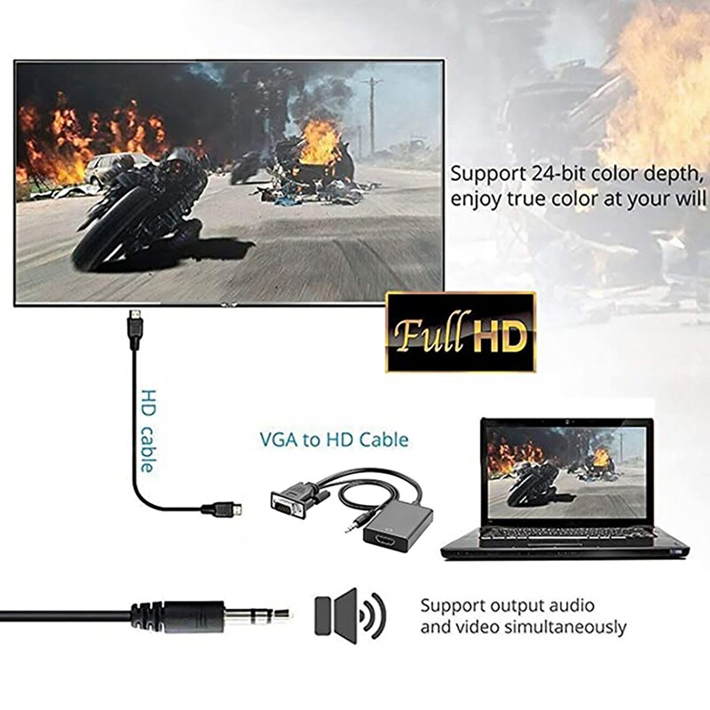 VGA To HDMI-Compatible Converter With Audio Cable+Power Cable Support 1080P Signal Output Computer To TV Converter