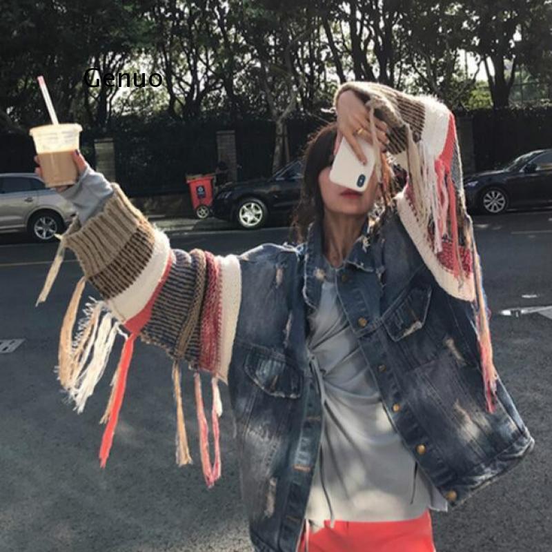Gestikte denim jas dames koreaanse stijl losse stijl gebreide mouw kwastjes jas herfst winter top femme abrigo mujer