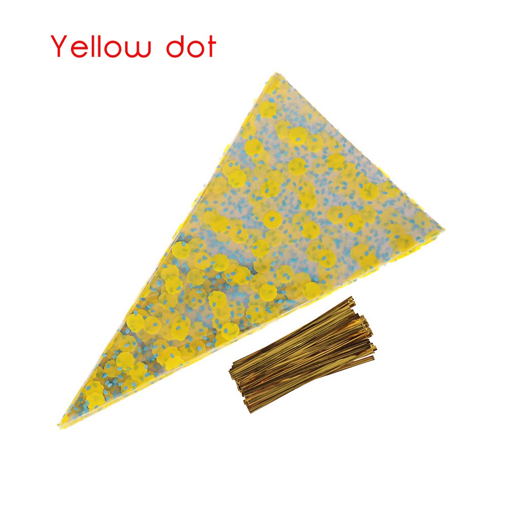 50PCS/pack Cone Bag Cellophane Package Twist Ties Clear Candy Popcorn Baking Wrapping Supplies Party Supplies: yellow dot