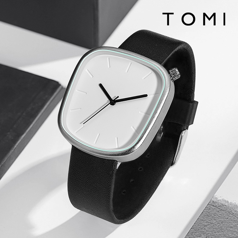 Tomi herr minimalistisk klocka mångsidig herr- och damklocka fyrkantig skala svartvit premium kvartsklocka