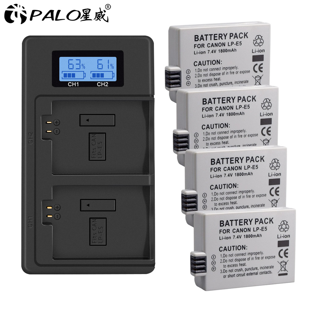 Palo 1-4Pcs Lp-e5 Lp E5 Camera Batterij + LPE5 Batterij Lcd Dual Slot Usb Oplader Voor Canon eos 450D 500D 1000D Kus X3 F Xsi Camera: 4 battery 1 charger