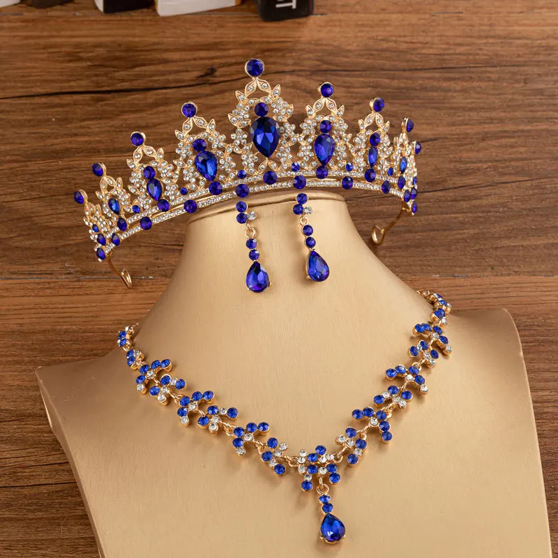 Baroque Vintage Green Crystal Heart Bridal Jewelry Sets Rhinestone Tiaras Crown Stud Earrings Necklace Wedding Dubai Jewelry Set: Gold-color
