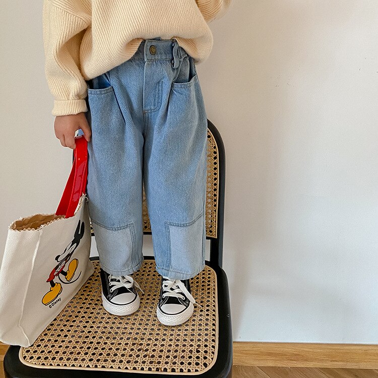 1-7 Years Autumn Girls Patched Jeans Boys Patchwork Denim Pants Kids Trousers