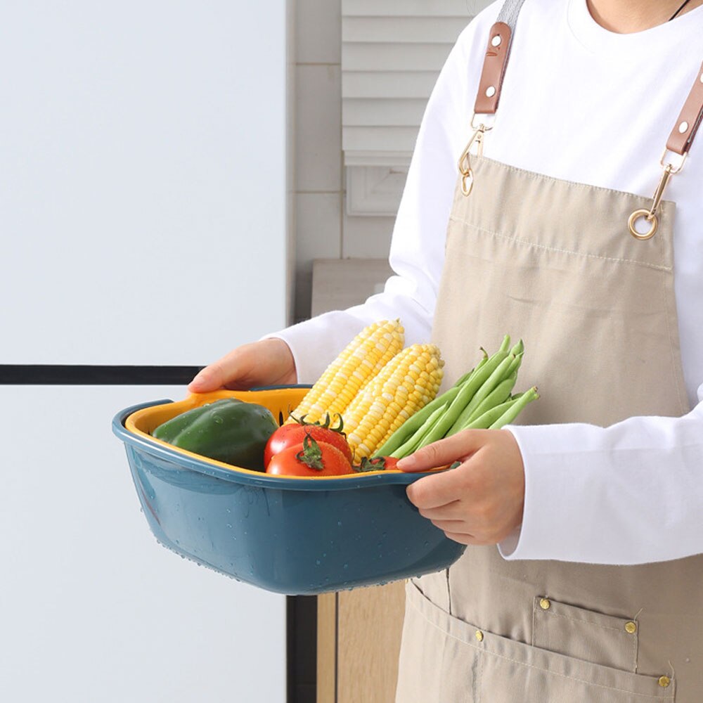 6 Stuk Dubbele Laag Afvoer Mand Plastic Groente Wasmand Wastafel Huishouden Keuken Wassen Box Wassen fruit Blauw