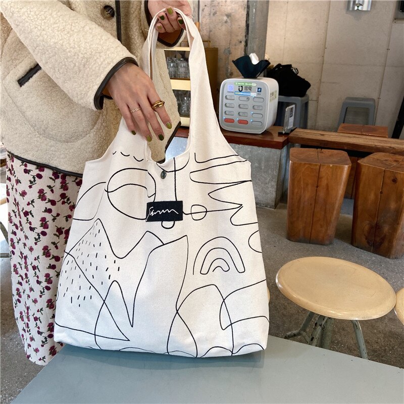 Koreanische einfache illustrationen, große schultertasche für damen, einkaufstasche aus umweltfreundlichem Segeltuch, baumwollstoff, große einkaufstasche für reisen: 1