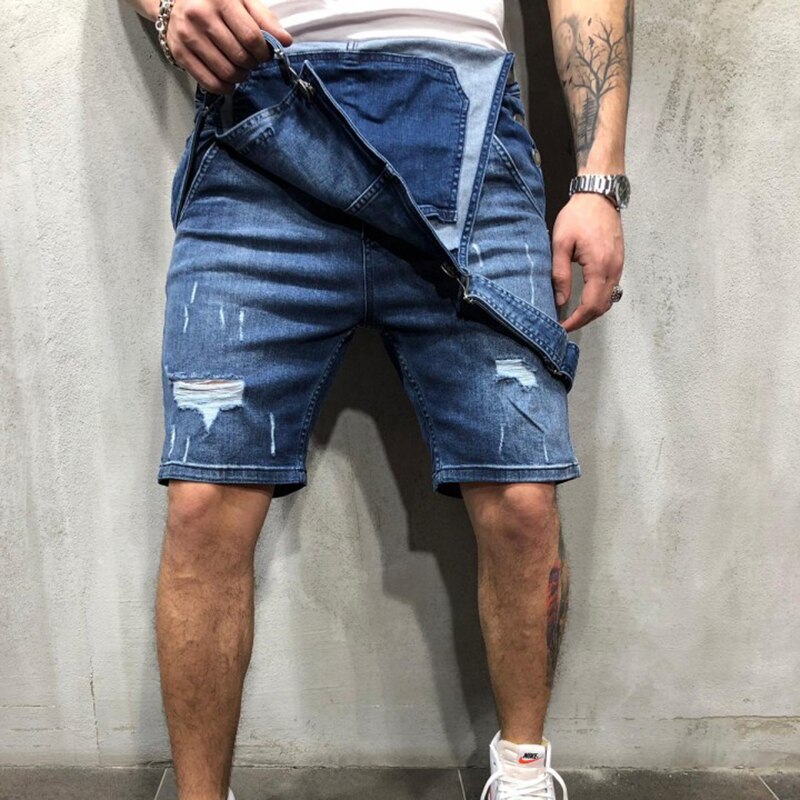 Pantalones cortos holgados a la para hombre, petos vaqueros rasgados para hombre, petos vaqueros informales para hombre, pantalones cortos hasta la rodilla