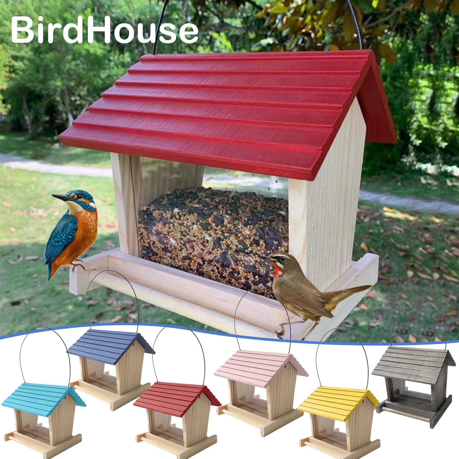 Wooden Bird Feeder Courtyard Villa Balcony Hanging Rainproof Bird Feeder