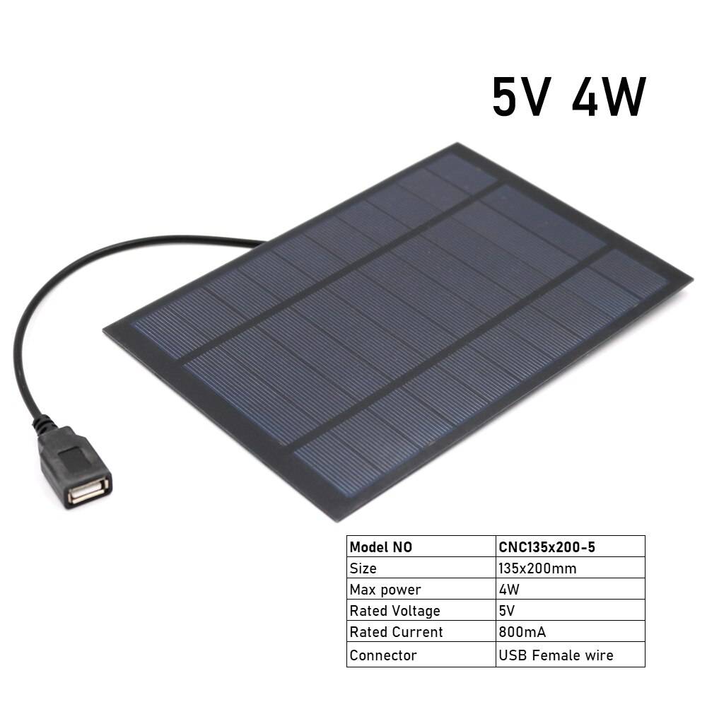 5V 2W 3W 4W 7W Output USB Solar Cell Outdoor 18650 Battery Charger USB Female Port 5 V Charge Regulators Solar Panel: 5V 4W