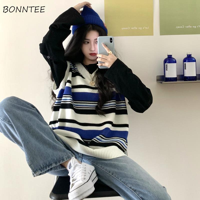 Kamizelka damska swetry na drutach popularny stylowy bez rękawów prosty Model w paski niebieski wypoczynek wiosna dopasowanie luźno projekt odzieży urok