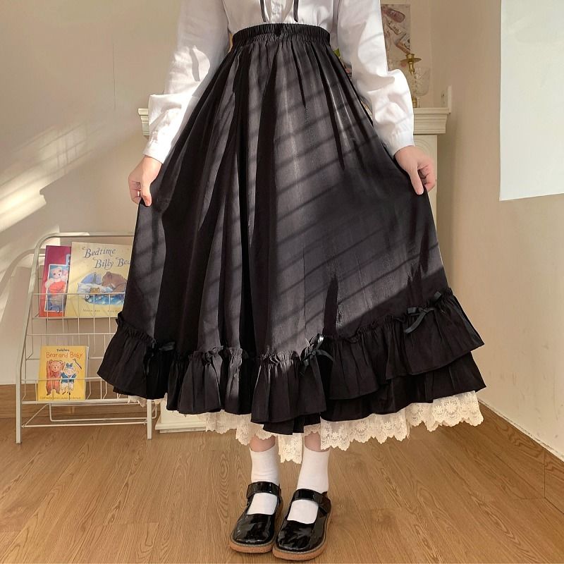 Women's Skirt Vintage French Ruffled Double Layer Half Skirt Lolita Long Skirts Women 2023 A-line Pleated Skirt