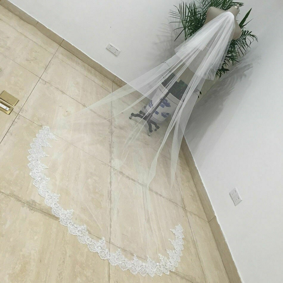 Voile de mariée blanc ivoire, voile Long avec bord en dentelle, avec peigne, accessoires de mariage