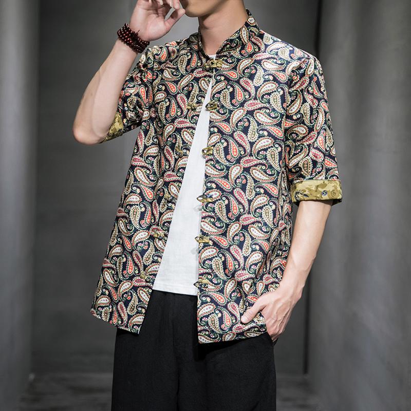 Mens Hemden Kleid der Halben Hülse verlieren passen Sommer Männer Chinesischen Hemd Blume Gedruckt Cheongsam Männer Jahrgang Chinesische Kung Fu hemd: Marine Hemden Männer / 4XL