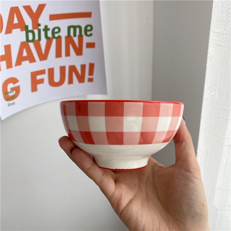 Korean Retro Red Plaid Bowl Ceramic Rice Bowl One Person Tableware Breakfast Bowl Salad Bowl