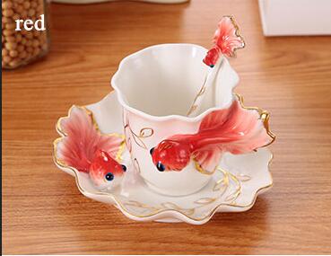 Enamel Goldfish Coffee Mugs Tea Cups With Saucer Spoon Porcelain Drinkware: 1