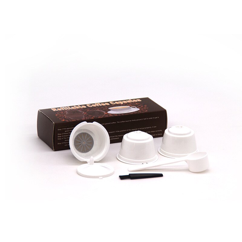 3 Pcs Herbruikbare Koffie Capsule Filter Cup Voor Nescafe Dolce Gusto Hervulbare Caps Lepel Borstel Filter Manden Pod Zachte Smaak zoete: white