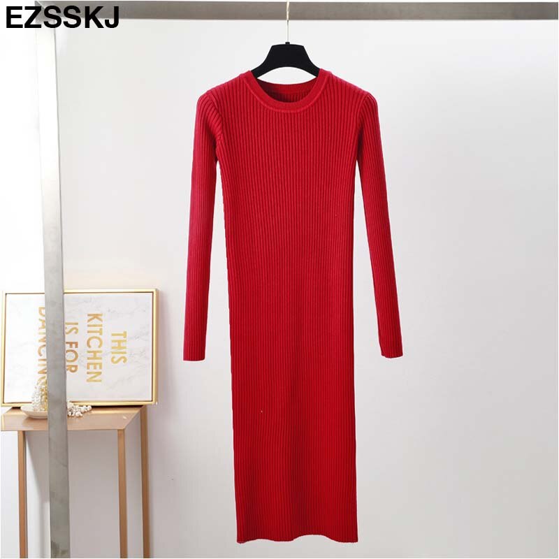 Herfst winter lange trui jurk dames effen bodycon dikke jurk dames trui o-hals slank basic gebreide jurk lange mouwen: Rood