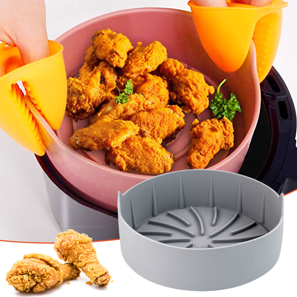 Air Fryer Silicone Pot Multifunctional Air Fryers Oven Accessories Bread Fried Chicken Pizza Basket Baking Tray Baking Dishes: Gray Round