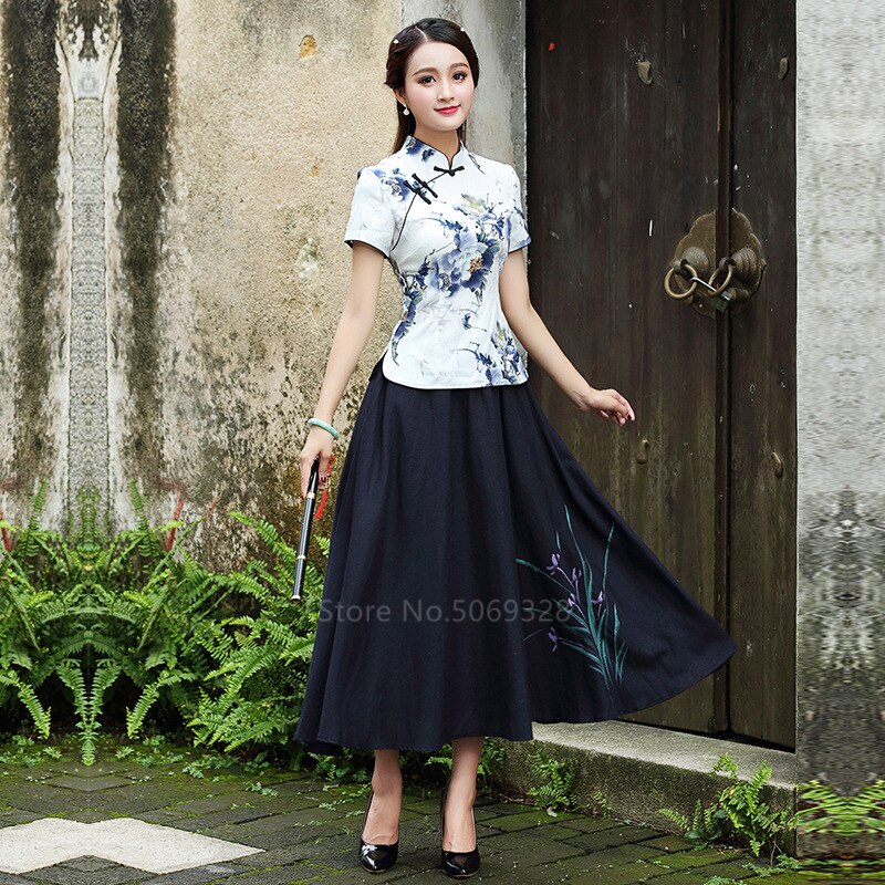 Traditionnelle chinoise Cheongsam T-Shirts Pour femmes Grande Taille 4XL Qipao Chemisier À Imprimé Floral De Style Asiatique Antique Costumes Élégants: Color3 / M