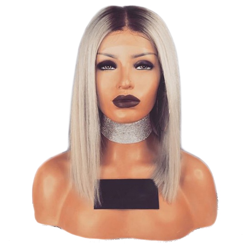 EEWIGS Ash Blonde Lace Front Pruik Met Donkere Wortels 14Inch Korte Bob Rechte Pruik 13x4 Ombre Synthetische pruiken Voor Zwarte Vrouwen