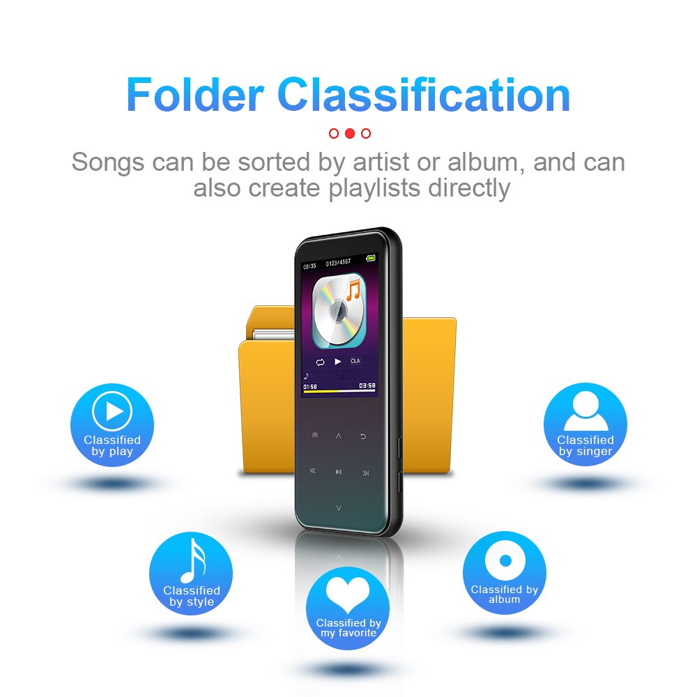 Reproductor MP4 con Bluetooth 5,0, altavoz incorporado, pantalla táctil de 2,4 pulgadas, música, reproductor de Audio HiFi con grabación de e-book, Radio FM, vídeo
