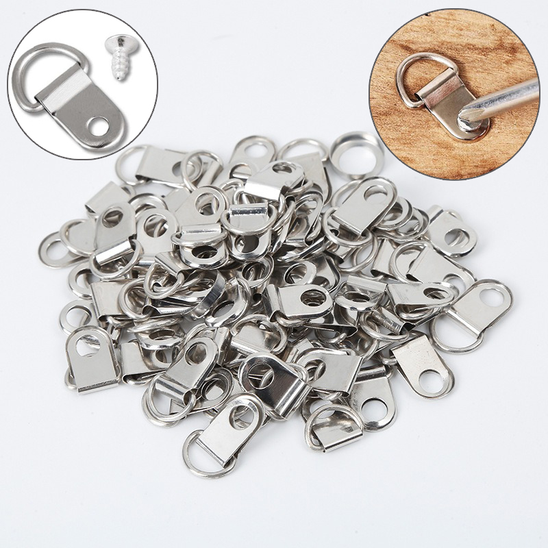 100Pcs Oil Painting Mirror Picture Frame Hanger, Round D Ring Buckle, Photo Wall Hook With Screws