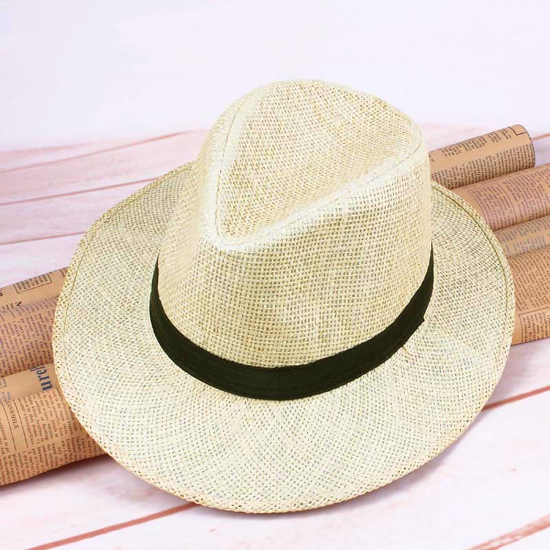 Men Straw Panama Hat Handmade Cowboy Cap Summer Beach Travel Sunhat SER88: light beige