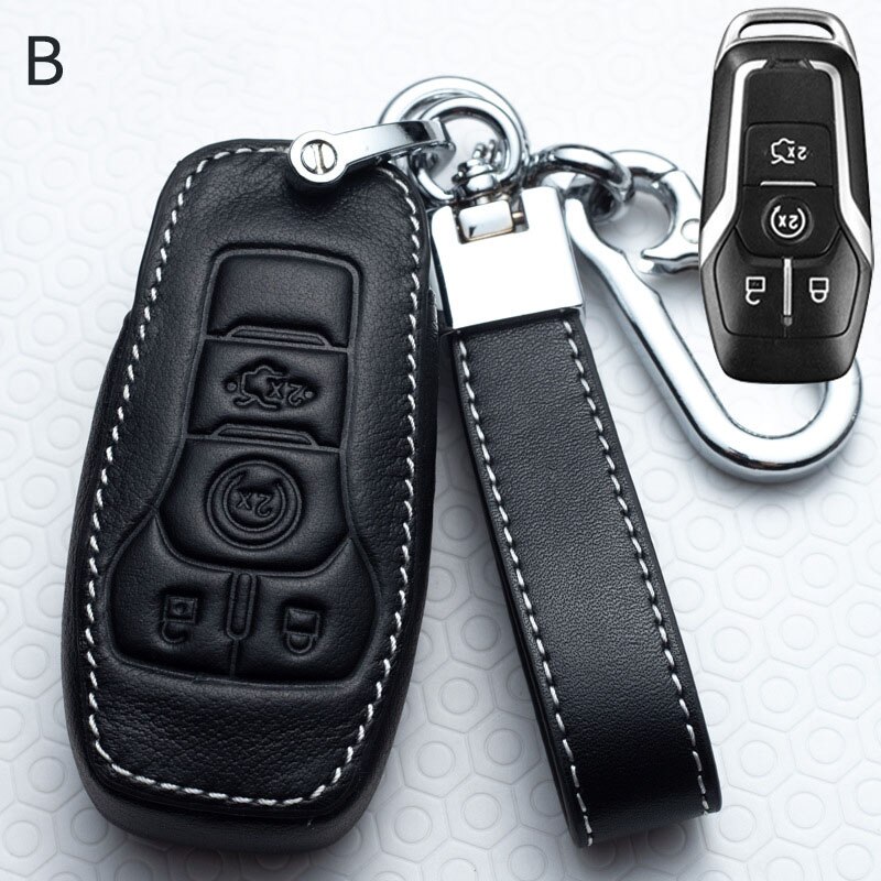 Leather Car Key Cover Key Case For Ford Focus Fiesta Mondeo Kuga Escape Fusion Mustang Explorer Edge Ecosport: B-Black