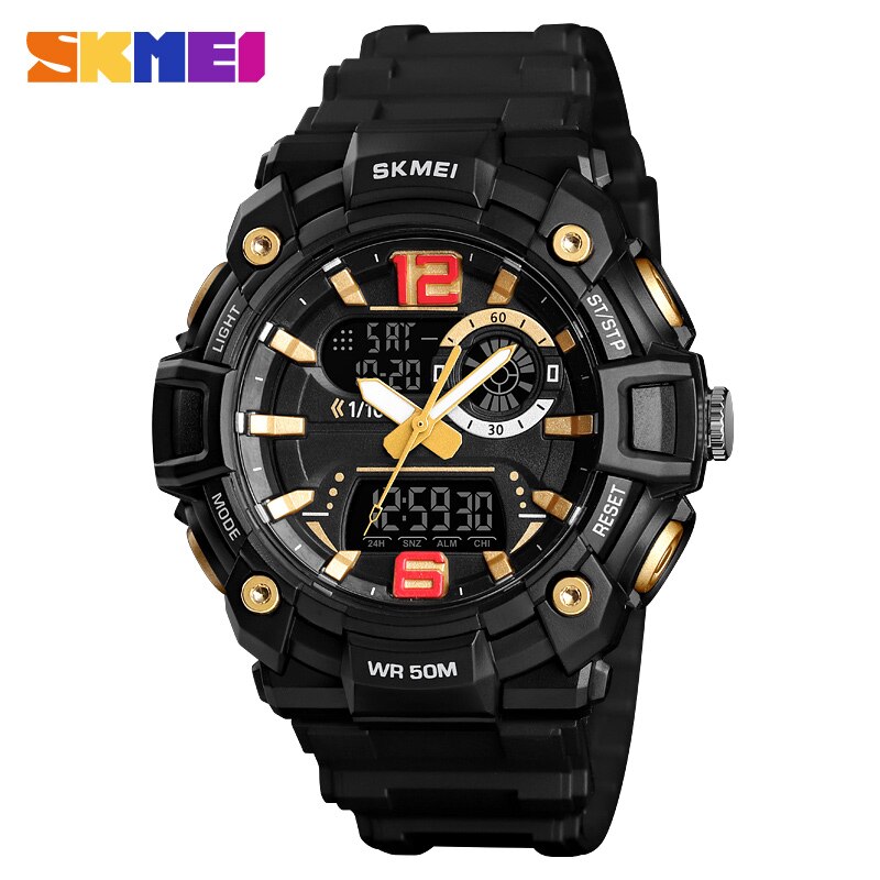 SKMEI-montre numérique de Sport pour hommes, double affichage, étanche, lumineuse 3 fois, multifonction, 1529: Or