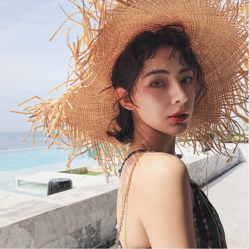 Zomer Natuurlijke Grote Brede Rand Zonnehoed Voor Vrouwen Raffia Jazz Floppy Hoed Strooien Hoeden Cirkel Fringe Hollow Out Beach panama Hoed