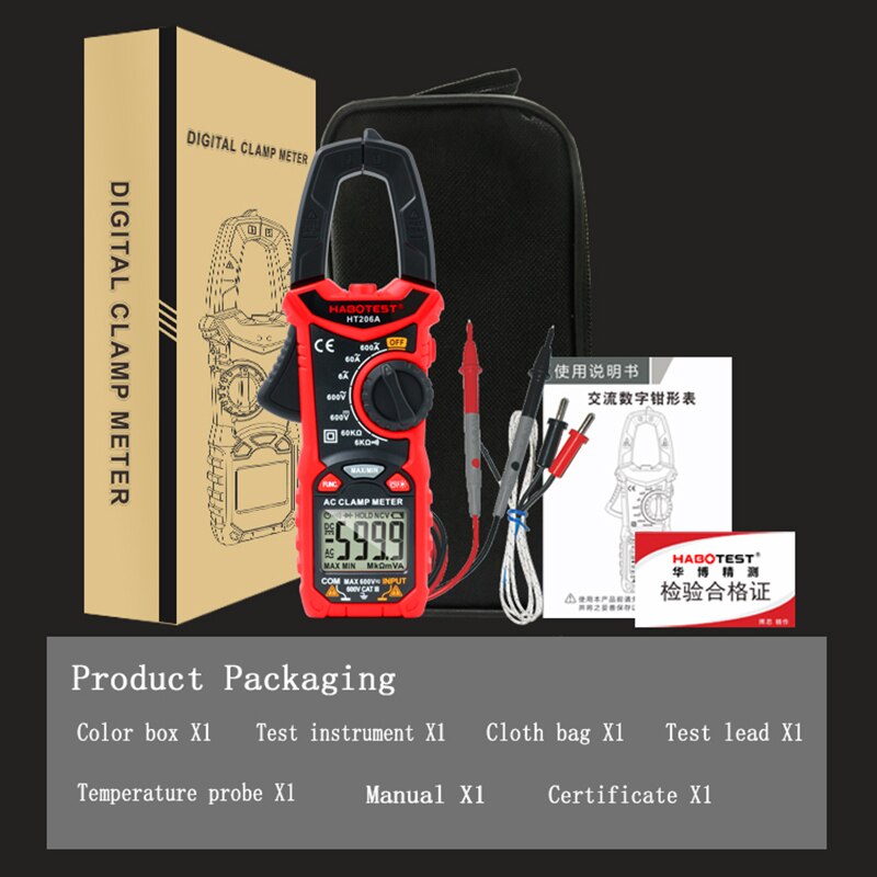 HT206 Digital Clamp Meter Multimeter for Measuring AC Voltage Current, Resistance, Continuity Clamp Multimeter Non Contact