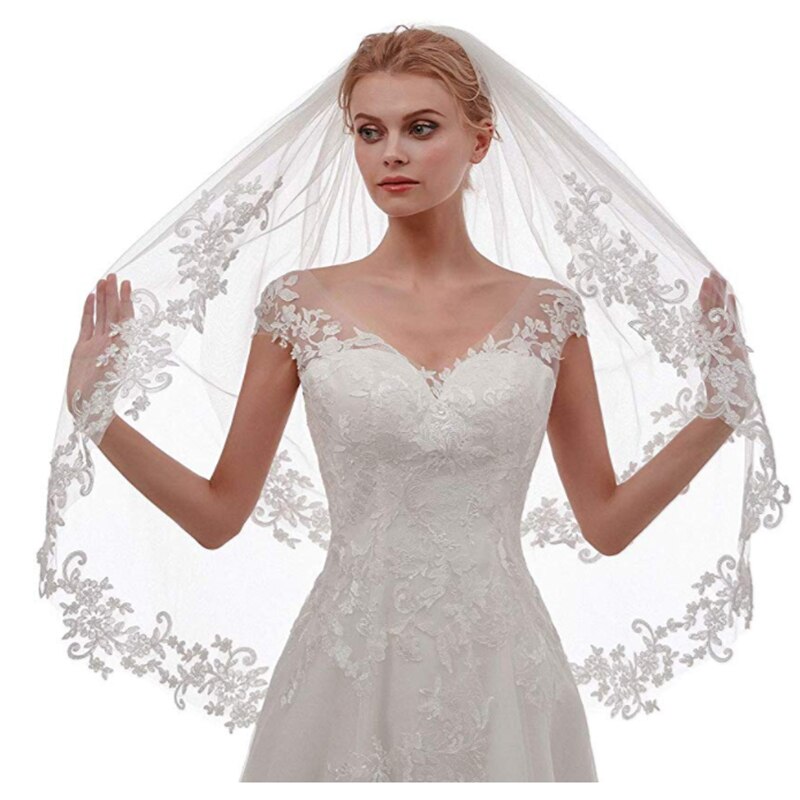 Belle dentelle côté incrusté fleurs mariage mariée voile une couche de gaze blanche doux net insérer peigne diadème mariée châle court voile