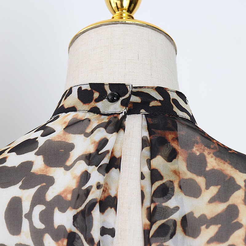 Twotwinstyle perspektiv chiffon print leopard sløjfe skjorte til kvinder o hals lanterne langærmet bluse kvinde forår