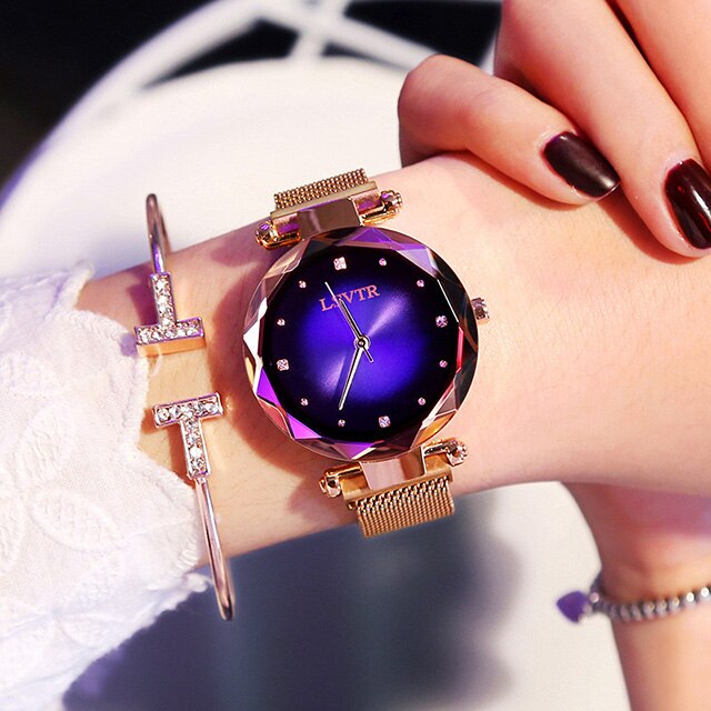 Luxe Rose Gold Vrouwen Horloges Mode Diamant Dames Sterrenhemel Magneet Horloge Waterdicht Vrouwelijke Horloge Voor Klok: Blauw